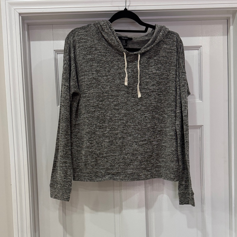 Forever 21 Gray Hooded Lightweight Sweater with Drawstrings